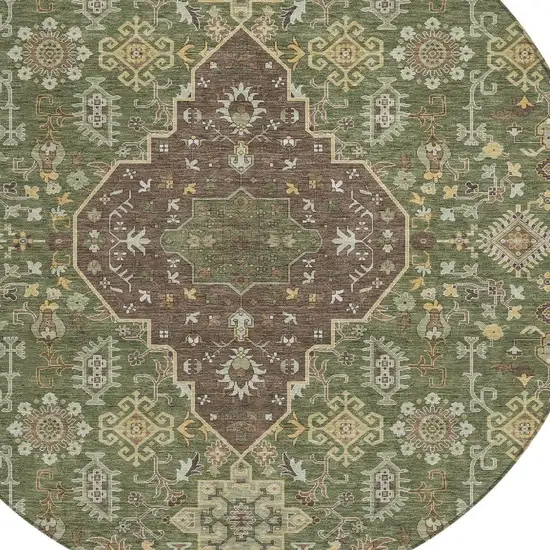 8' Olive Green And Gray Round Medallion Washable Indoor Outdoor Area Rug Photo 3