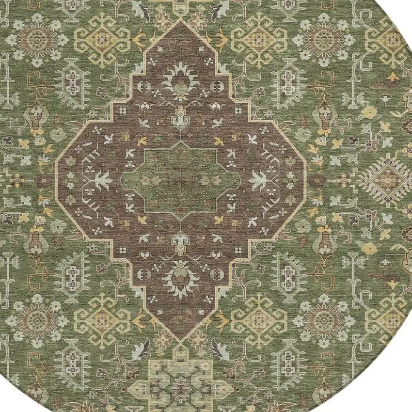 8' Olive Green And Gray Round Medallion Washable Indoor Outdoor Area Rug Photo 3