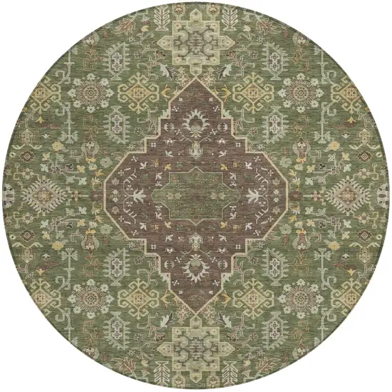 8' Olive Green And Gray Round Medallion Washable Indoor Outdoor Area Rug Photo 2
