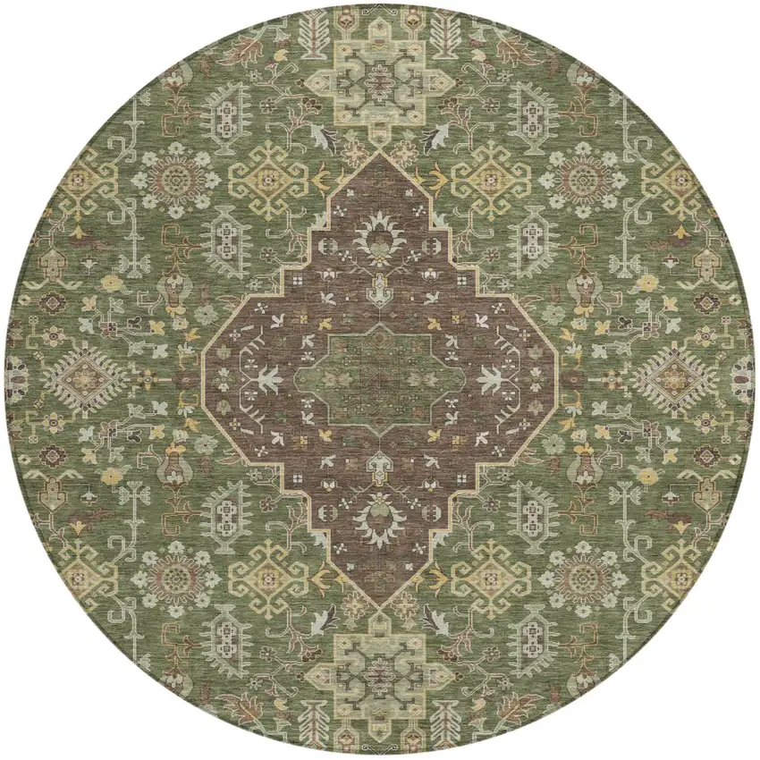 8' Olive Green And Gray Round Medallion Washable Indoor Outdoor Area Rug Photo 2