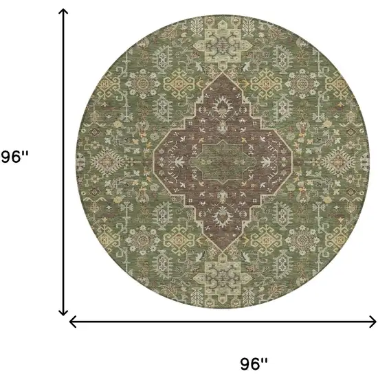 8' Olive Green And Gray Round Medallion Washable Indoor Outdoor Area Rug Photo 7