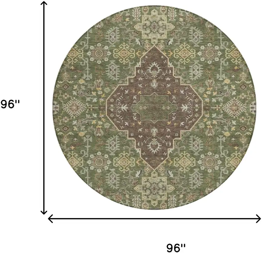 8' Olive Green And Gray Round Medallion Washable Indoor Outdoor Area Rug Photo 7