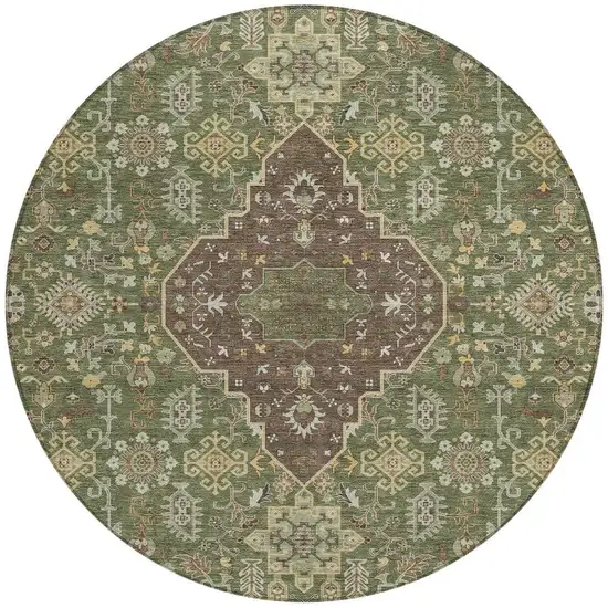 8' Olive Green And Gray Round Medallion Washable Indoor Outdoor Area Rug Photo 4