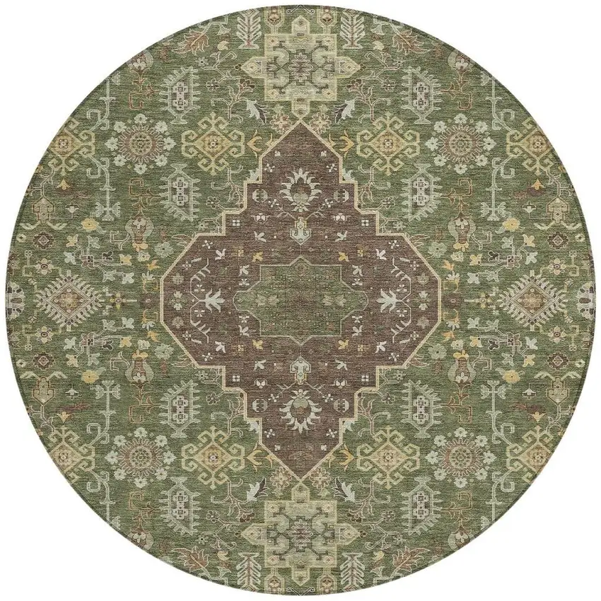 8' Olive Green And Gray Round Medallion Washable Indoor Outdoor Area Rug Photo 4