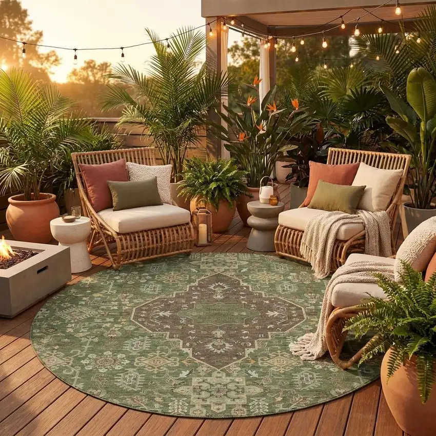 8' Olive Green And Gray Round Medallion Washable Indoor Outdoor Area Rug Photo 1