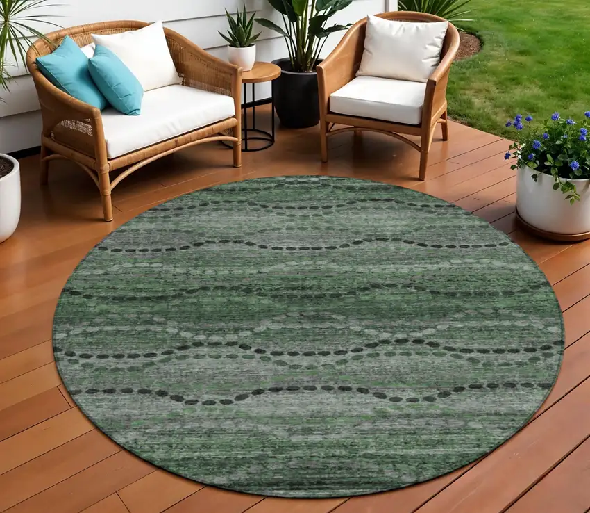 8' Olive Green And Gray Round Ogee Washable Indoor Outdoor Area Rug Photo 2