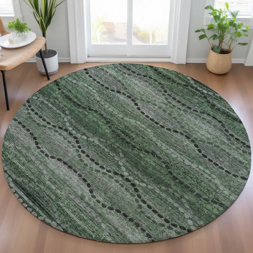 8' Olive Green And Gray Round Ogee Washable Indoor Outdoor Area Rug Photo 5