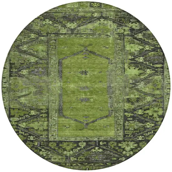 8' Olive Green And Gray Round Oriental Washable Indoor Outdoor Area Rug Photo 3