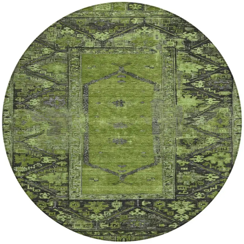 8' Olive Green And Gray Round Oriental Washable Indoor Outdoor Area Rug Photo 3