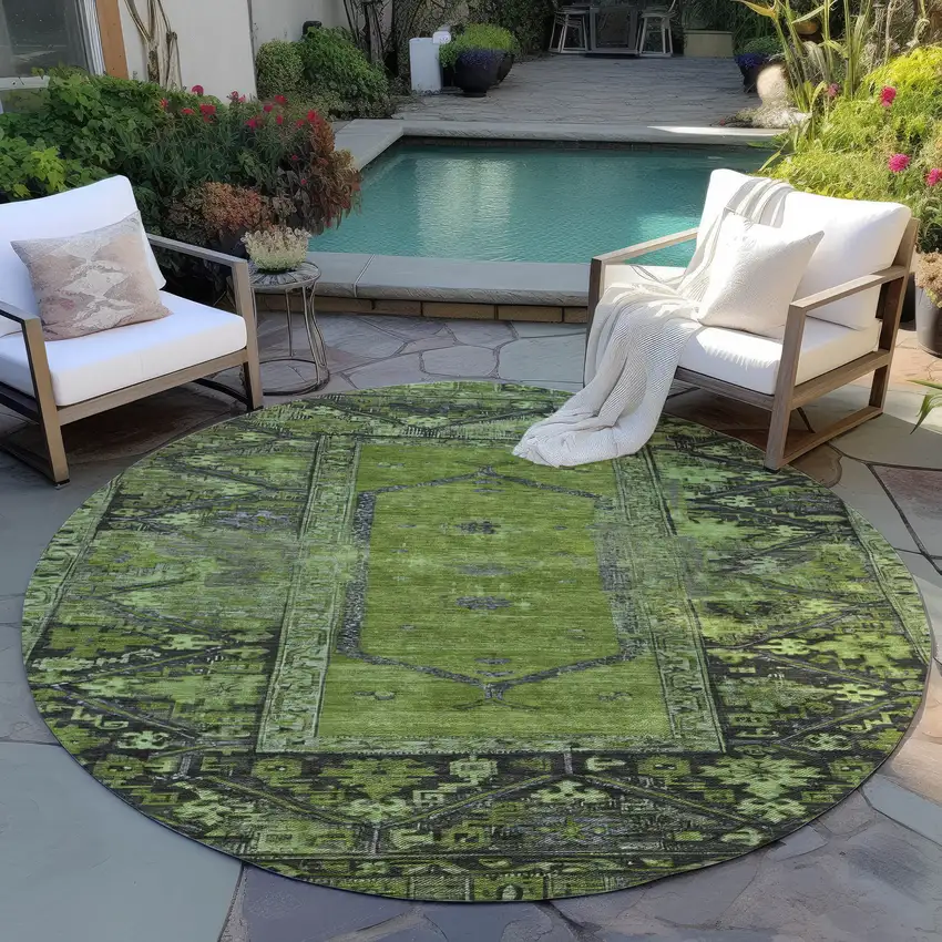 8' Olive Green And Gray Round Oriental Washable Indoor Outdoor Area Rug Photo 5