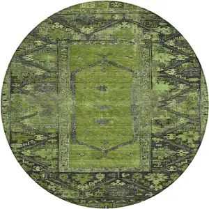 Photo of 8' Olive Green And Gray Round Oriental Washable Indoor Outdoor Area Rug