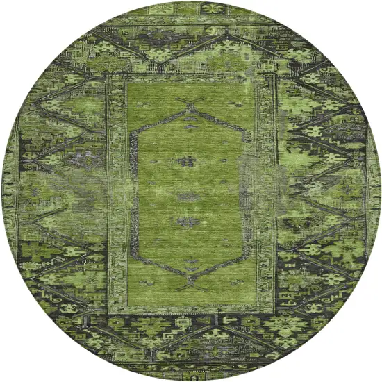 8' Olive Green And Gray Round Oriental Washable Indoor Outdoor Area Rug Photo 1