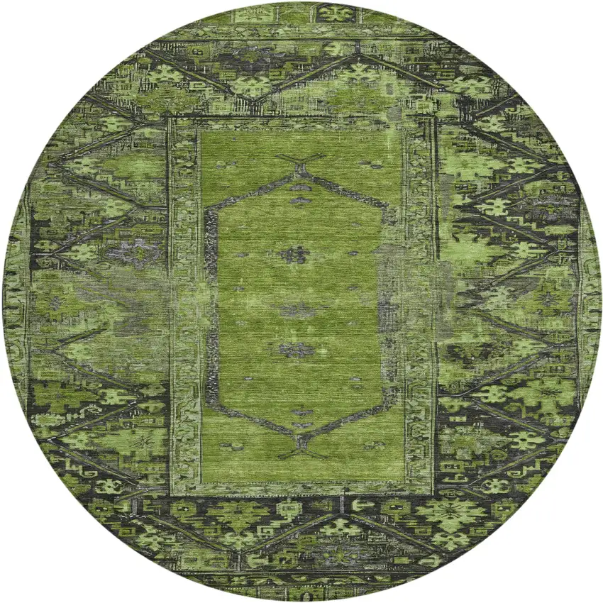8' Olive Green And Gray Round Oriental Washable Indoor Outdoor Area Rug Photo 1