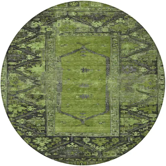 8' Olive Green And Gray Round Oriental Washable Indoor Outdoor Area Rug Photo 4