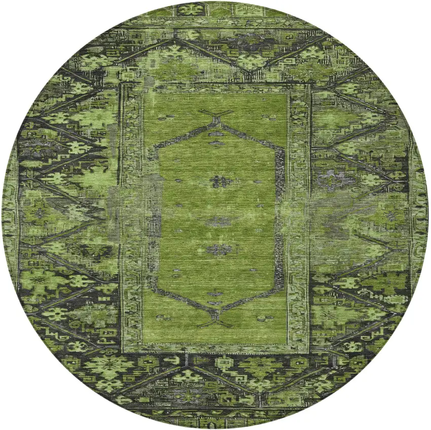 8' Olive Green And Gray Round Oriental Washable Indoor Outdoor Area Rug Photo 4