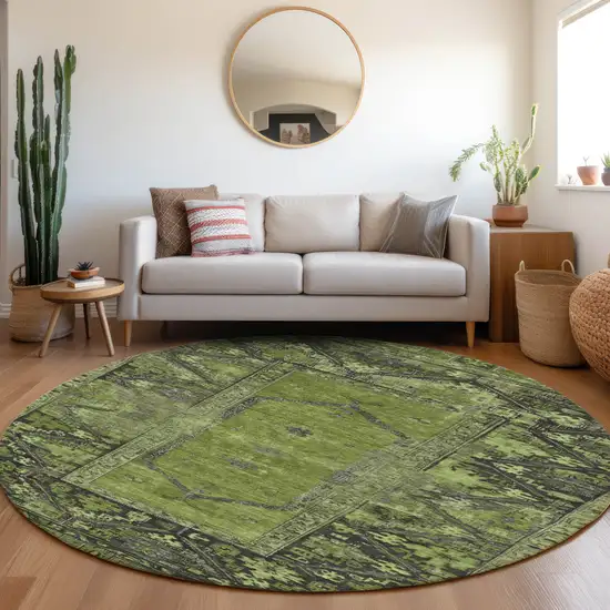 8' Olive Green And Gray Round Oriental Washable Indoor Outdoor Area Rug Photo 6