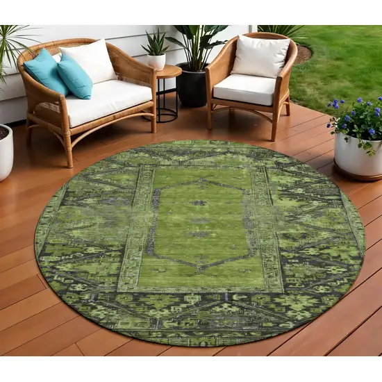 8' Olive Green And Gray Round Oriental Washable Indoor Outdoor Area Rug Photo 2