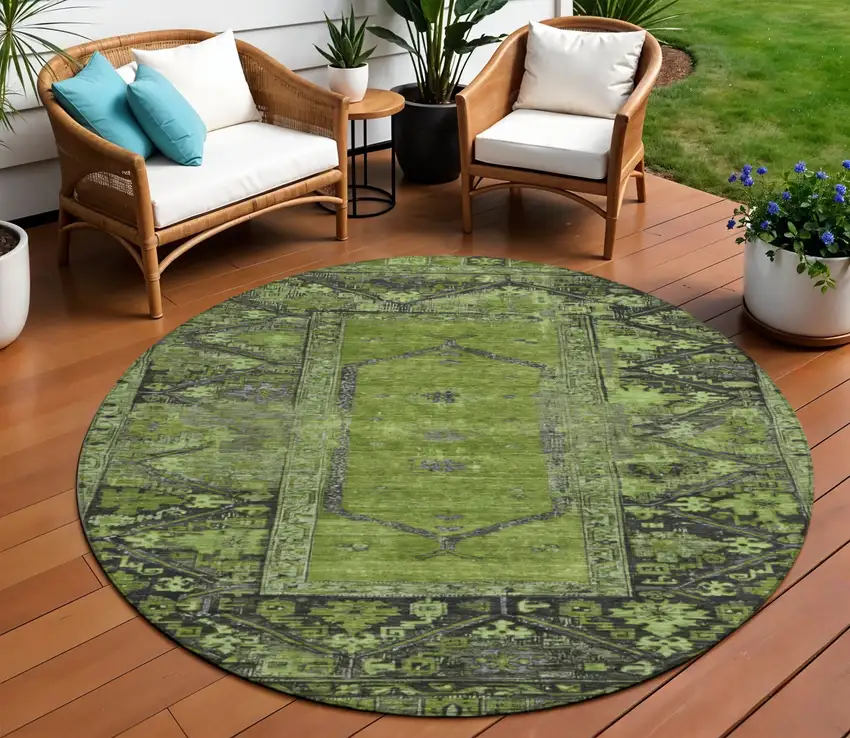 8' Olive Green And Gray Round Oriental Washable Indoor Outdoor Area Rug Photo 2