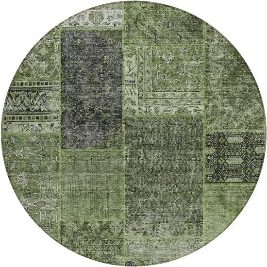 8' Olive Green And Gray Round Patchwork Washable Indoor Outdoor Area Rug Photo 2
