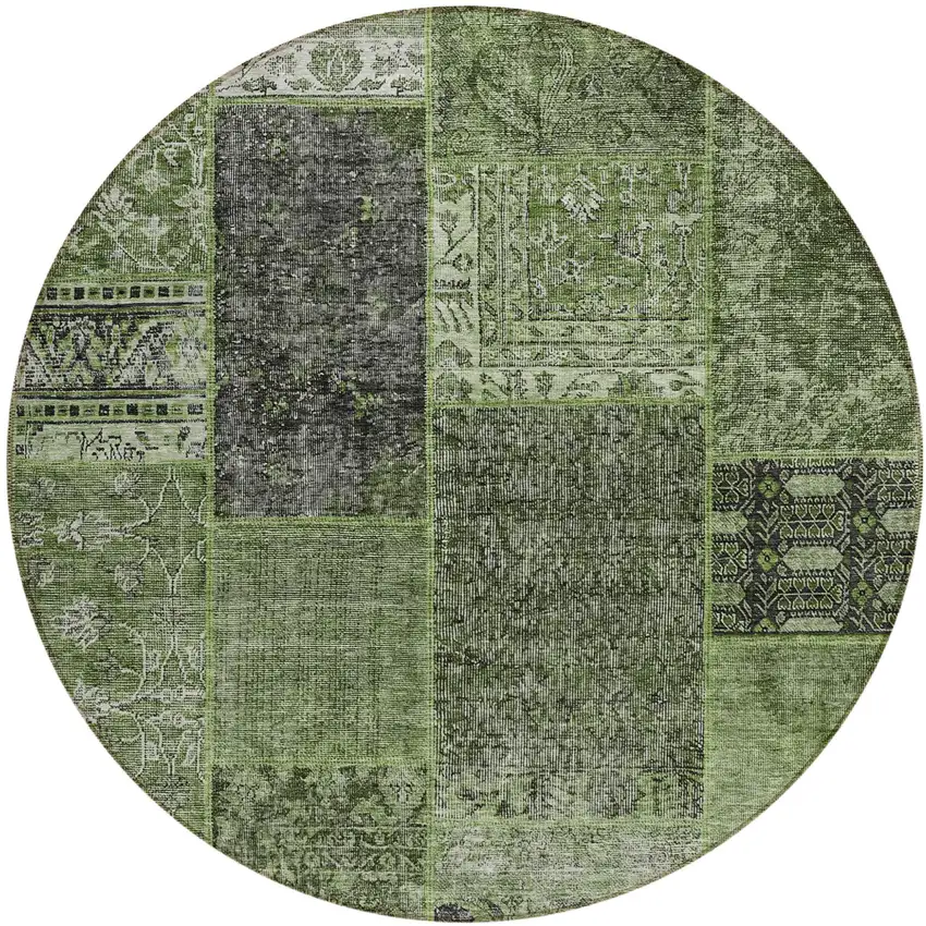 8' Olive Green And Gray Round Patchwork Washable Indoor Outdoor Area Rug Photo 2