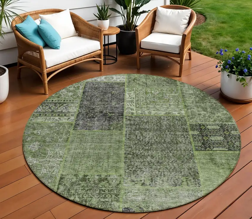 8' Olive Green And Gray Round Patchwork Washable Indoor Outdoor Area Rug Photo 1