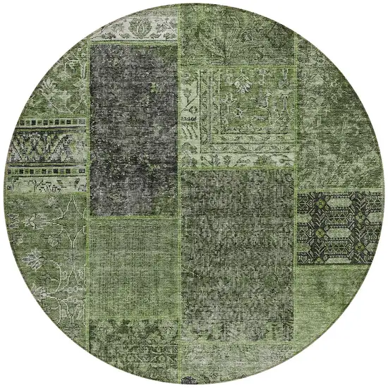 8' Olive Green And Gray Round Patchwork Washable Indoor Outdoor Area Rug Photo 4