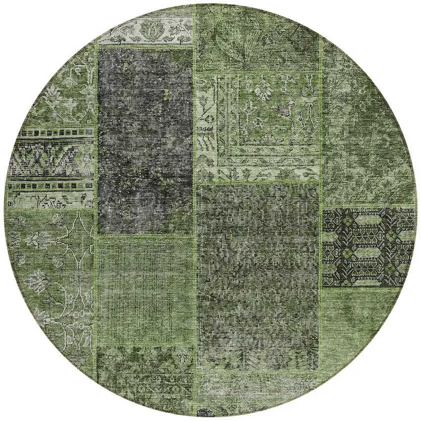 8' Olive Green And Gray Round Patchwork Washable Indoor Outdoor Area Rug Photo 4