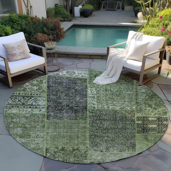 8' Olive Green And Gray Round Patchwork Washable Indoor Outdoor Area Rug Photo 6