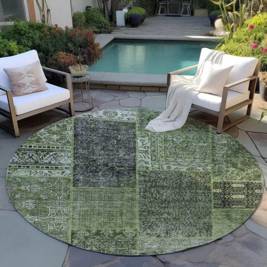 8' Olive Green And Gray Round Patchwork Washable Indoor Outdoor Area Rug Photo 6