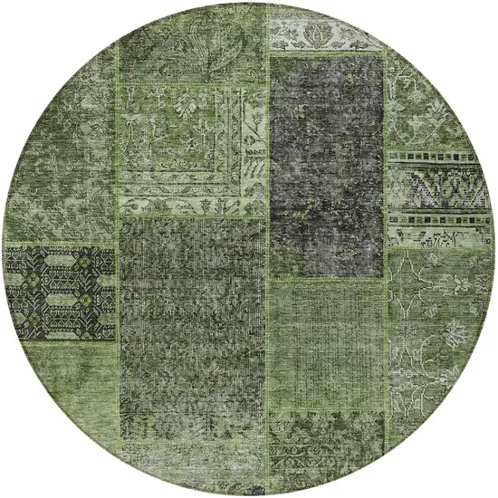 8' Olive Green And Gray Round Patchwork Washable Indoor Outdoor Area Rug Photo 5