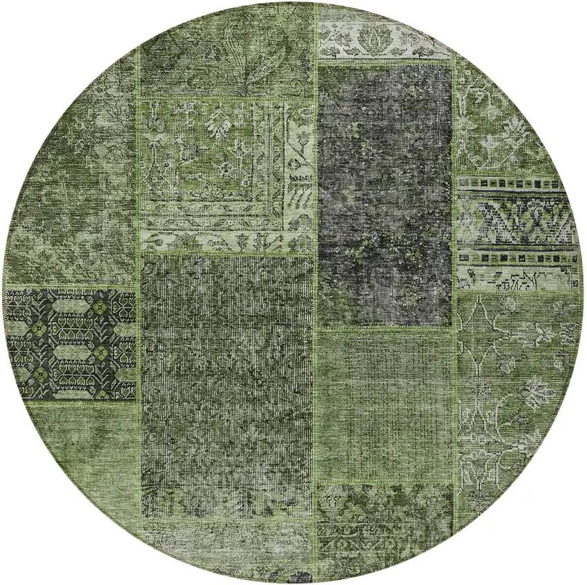 8' Olive Green And Gray Round Patchwork Washable Indoor Outdoor Area Rug Photo 5