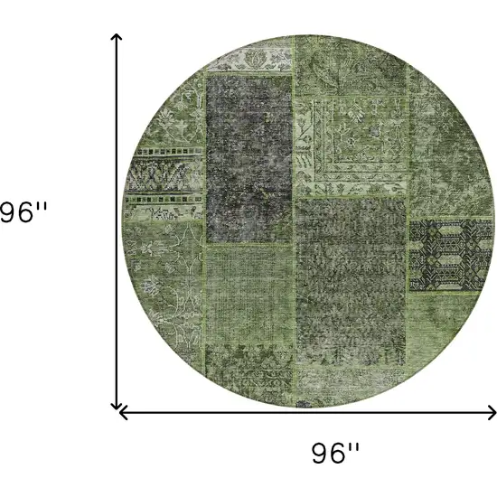 8' Olive Green And Gray Round Patchwork Washable Indoor Outdoor Area Rug Photo 3