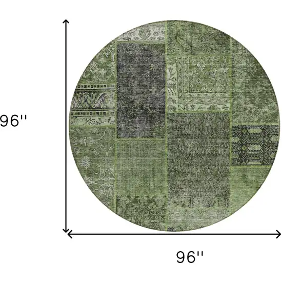 8' Olive Green And Gray Round Patchwork Washable Indoor Outdoor Area Rug Photo 3