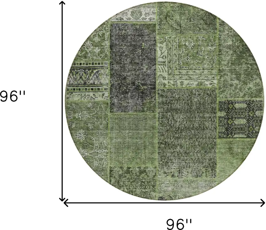 8' Olive Green And Gray Round Patchwork Washable Indoor Outdoor Area Rug Photo 3