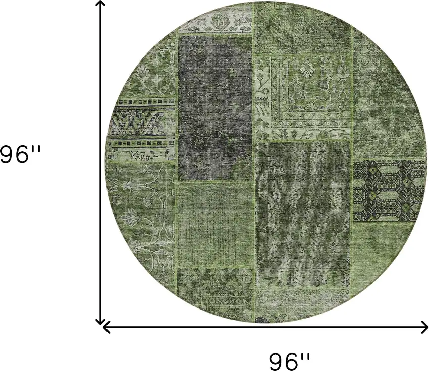 8' Olive Green And Gray Round Patchwork Washable Indoor Outdoor Area Rug Photo 3