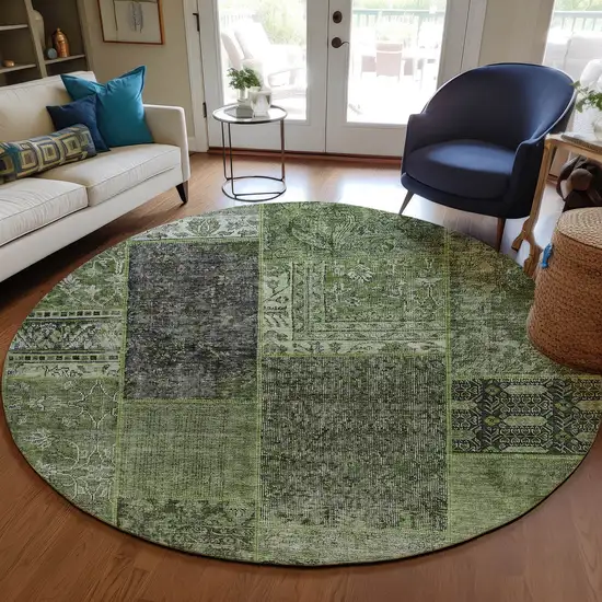 8' Olive Green And Gray Round Patchwork Washable Indoor Outdoor Area Rug Photo 7