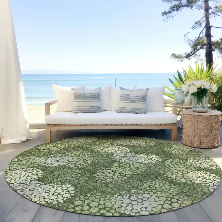 8' Olive Green And Gray Round Polka Dot Washable Indoor Outdoor Area Rug Photo 7