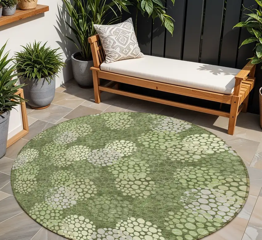 8' Olive Green And Gray Round Polka Dot Washable Indoor Outdoor Area Rug Photo 1