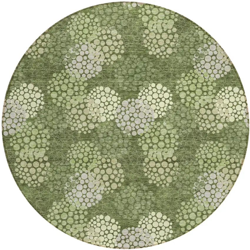 8' Olive Green And Gray Round Polka Dot Washable Indoor Outdoor Area Rug Photo 2