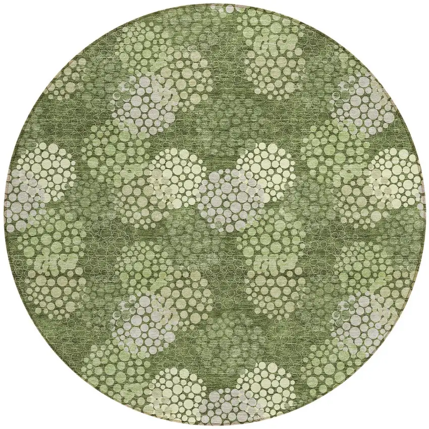 8' Olive Green And Gray Round Polka Dot Washable Indoor Outdoor Area Rug Photo 6