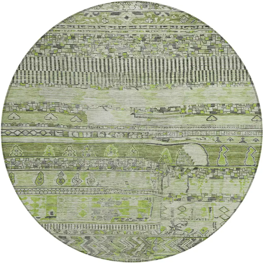 8' Olive Green And Gray Round Striped Washable Indoor Outdoor Area Rug Photo 1