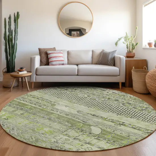 8' Olive Green And Gray Round Striped Washable Indoor Outdoor Area Rug Photo 6