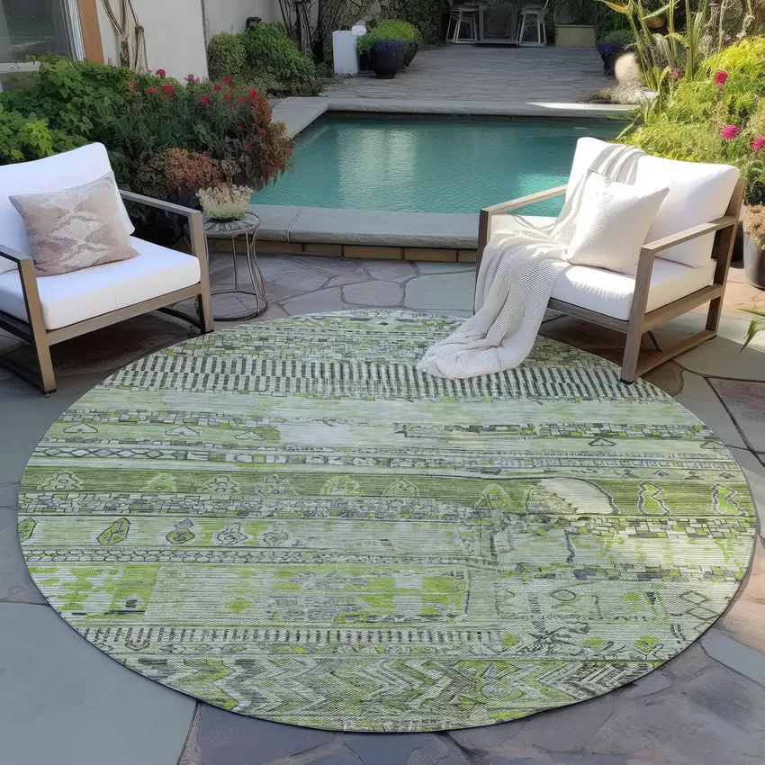 8' Olive Green And Gray Round Striped Washable Indoor Outdoor Area Rug Photo 5