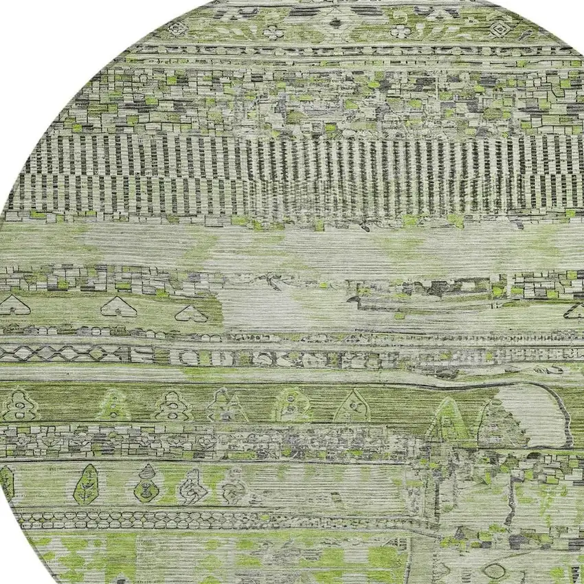 8' Olive Green And Gray Round Striped Washable Indoor Outdoor Area Rug Photo 4