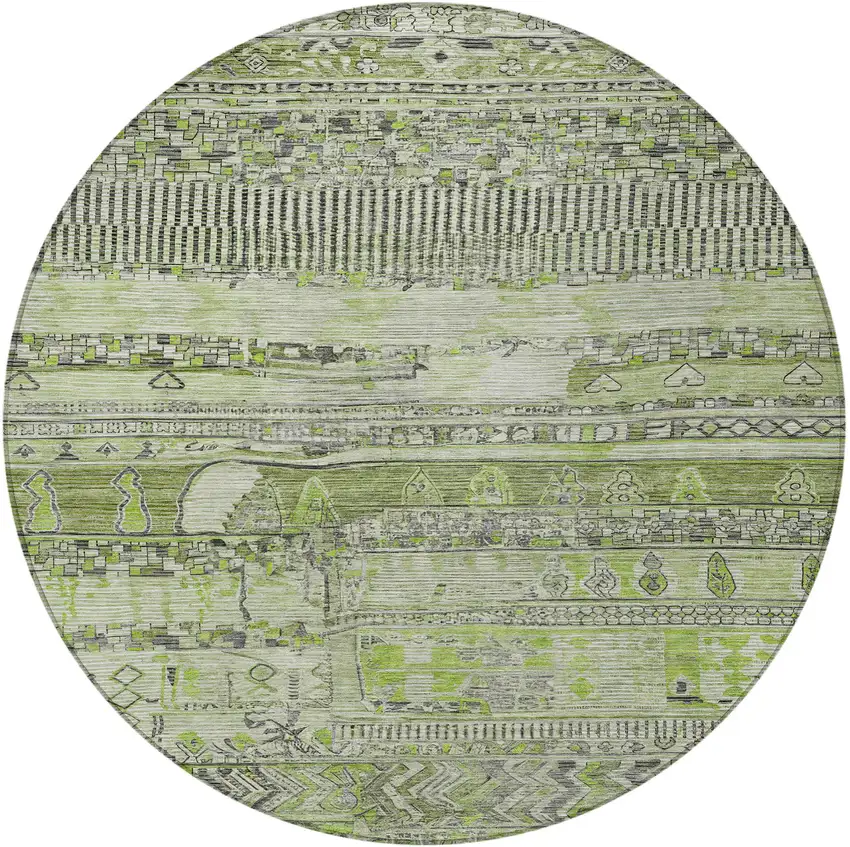 8' Olive Green And Gray Round Striped Washable Indoor Outdoor Area Rug Photo 3