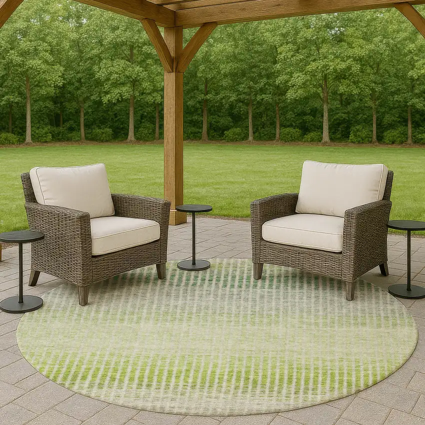 8' Olive Green And Gray Round Striped Washable Indoor Outdoor Area Rug Photo 8