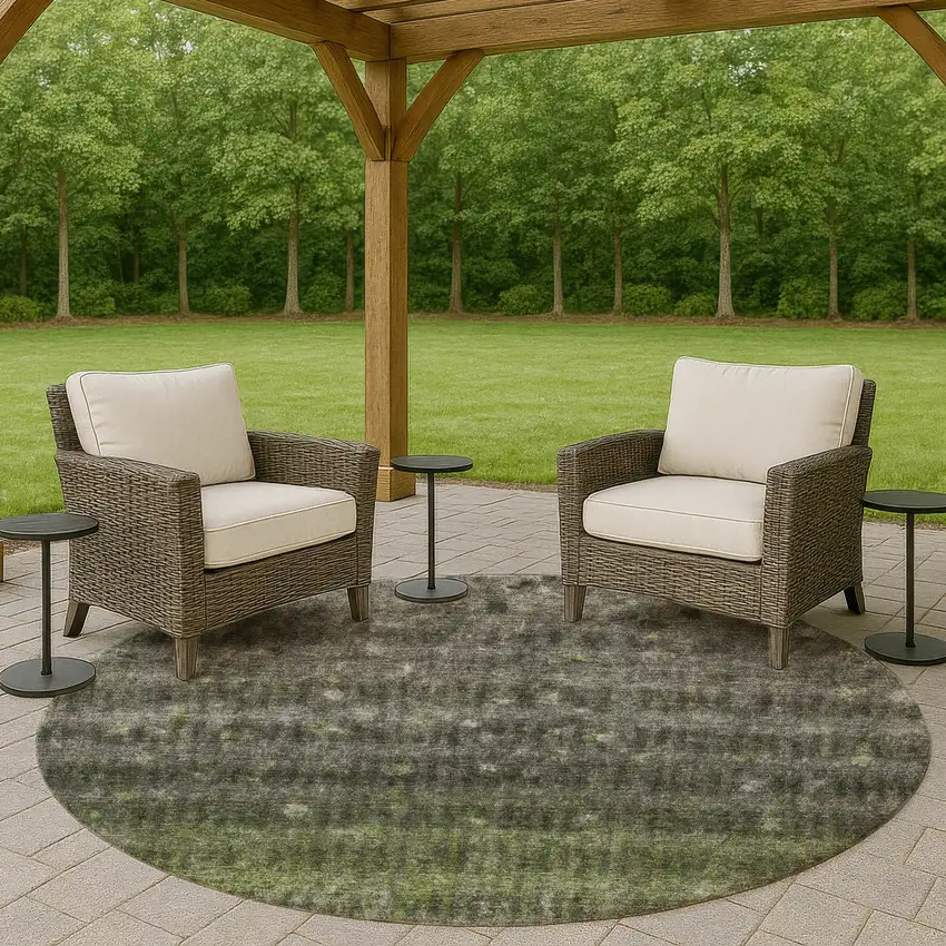 8' Olive Green And Gray Round Striped Washable Indoor Outdoor Area Rug Photo 8