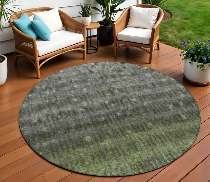 8' Olive Green And Gray Round Striped Washable Indoor Outdoor Area Rug Photo 1