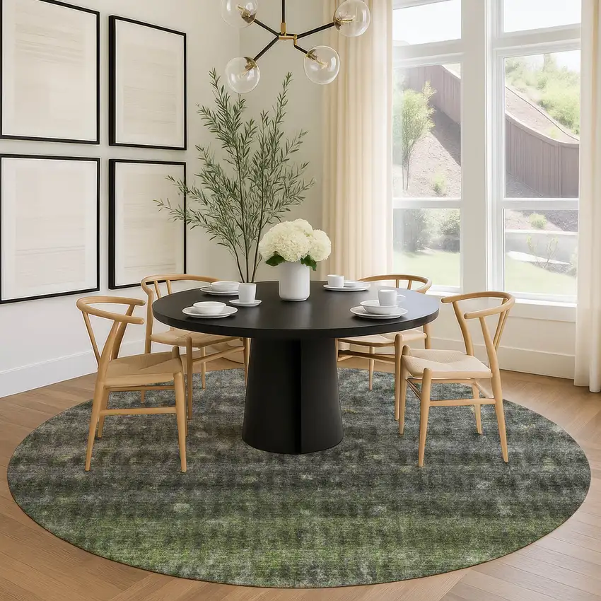 8' Olive Green And Gray Round Striped Washable Indoor Outdoor Area Rug Photo 9