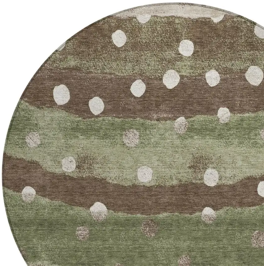 8' Olive Green And Gray Round Striped Washable Indoor Outdoor Area Rug Photo 5